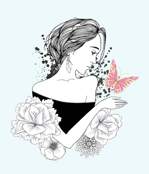 Mulher com flores e borboleta —  Vetores de Stock