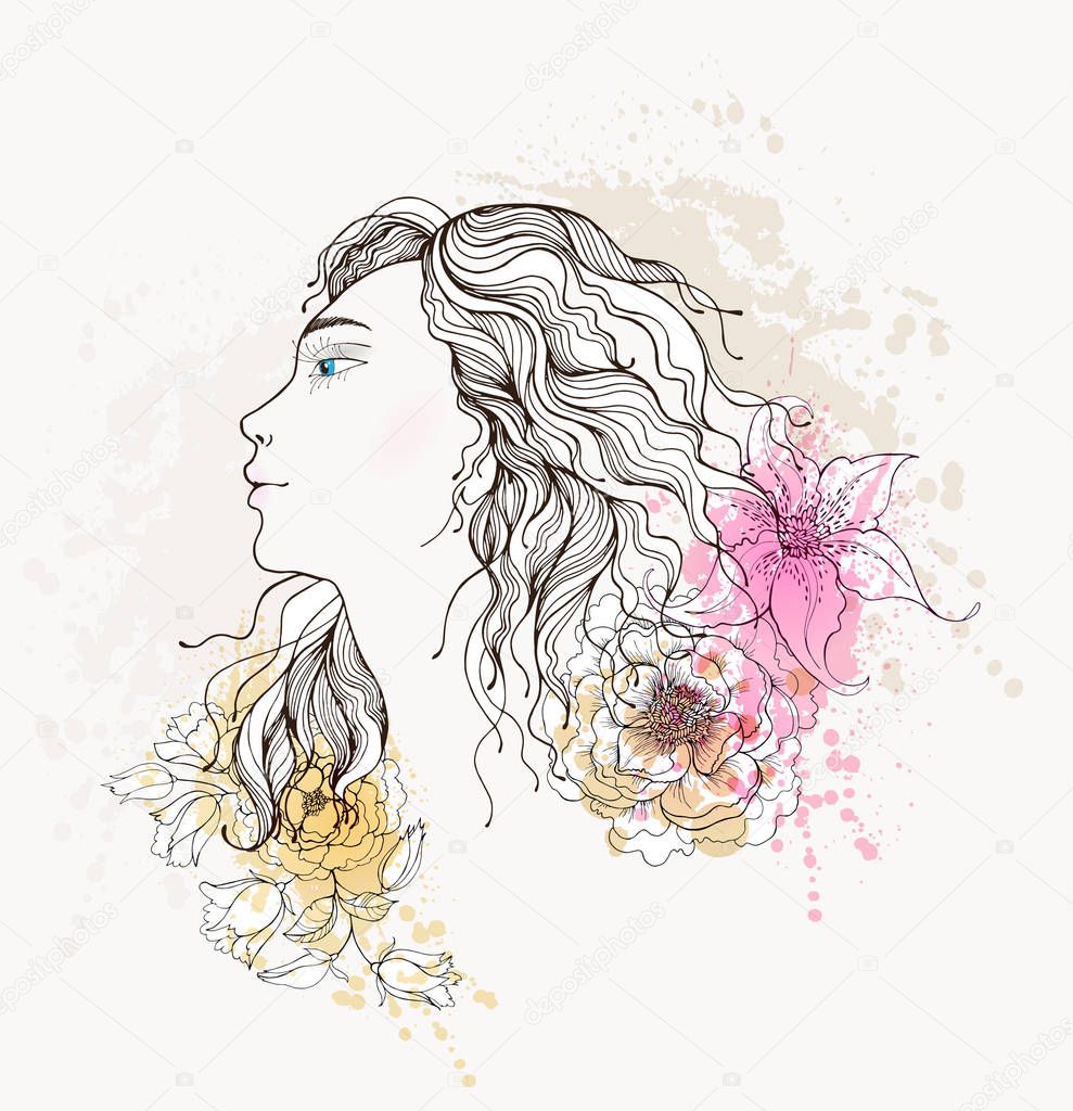 woman with abstract colorful flowers.
