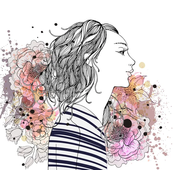 Krásná žena s květinami — Stockový vektor