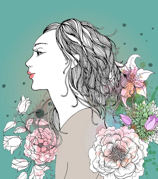Základní Rgb Krásné Módní Žena Profilu Portrét Abstraktní Barevné Květy Stock Ilustrace
