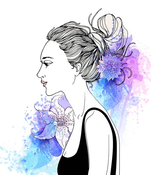 Grundläggande Rgb Vackra Mode Kvinna Med Abstrakta Färgstarka Blommor Vektorgrafik