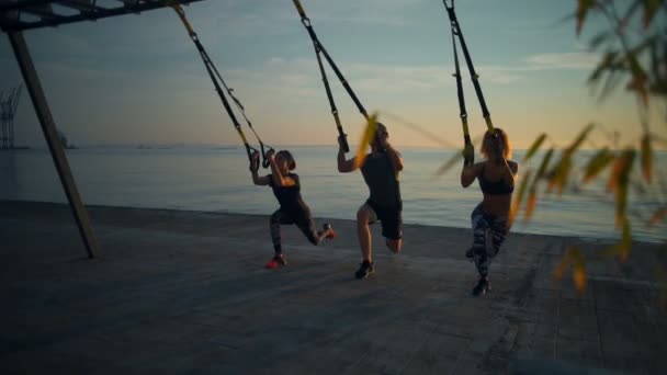 Siluetas de deportistas entrenando sentadillas con trx cerca del mar. Movimiento lento . — Vídeos de Stock