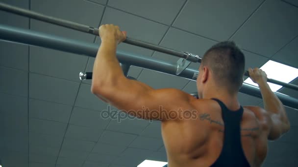 Bakifrån manliga kroppsbyggare göra pull-ups på gymmet — Stockvideo