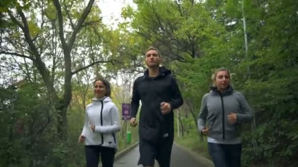 Dos mujeres sanas en forma joven y un hombre corriendo en el parque en cámara lenta — Vídeo de stock