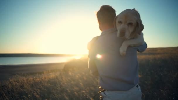 太陽光スローモーションで老犬を運ぶ男の背面図 — ストック動画