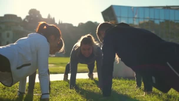 Un gruppo di giovani amici che fanno l'esercizio tavola sull'erba rallentatore — Video Stock