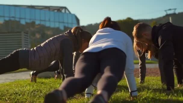 Група молодих друзів роблять вправи на дошці на траві повільний рух — стокове відео