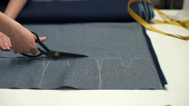Швея резки кусок ткани с острыми ножницами в мастерской — стоковое видео