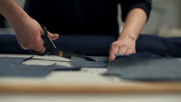 女裁缝切割小件的组织从空白与锋利的剪刀 — 图库视频影像