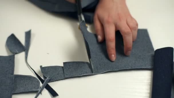 Женщина точно режет маленькие кусочки ткани в мастерской — стоковое видео
