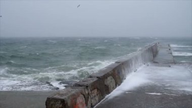 Arka plan ağır çekim üzerinde uçan martılar ile pier yakınındaki bir deniz fırtınası