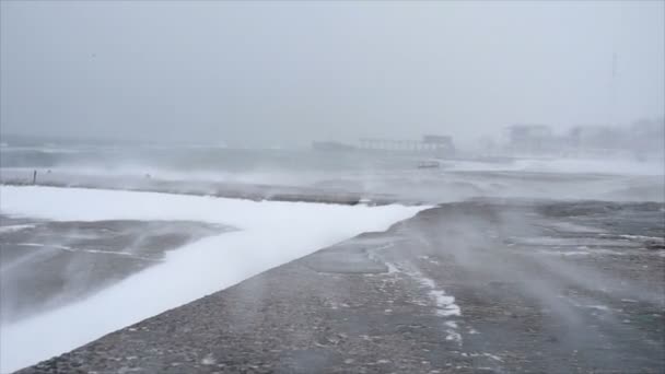 Sneeuw langzaam die betrekking hebben op de grond en de zee op de achtergrond slow motion — Stockvideo