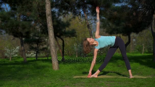 Молода струнка жінка робить йогу на газоні в парку повільний рух — стокове відео
