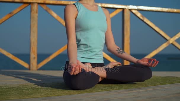 Joven hembra delgada haciendo namaste después de la pose de loto cerca del mar de cerca — Vídeos de Stock