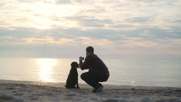 Молодой мужчина позирует своей собаке для съемки фото или видео замедленной съемки — стоковое видео