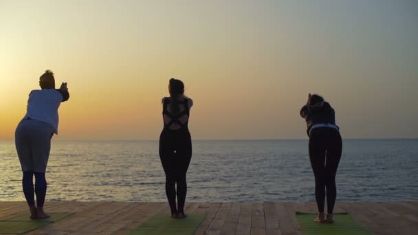 Three persons leaning down on the wooden pier slow motion — Stock Video