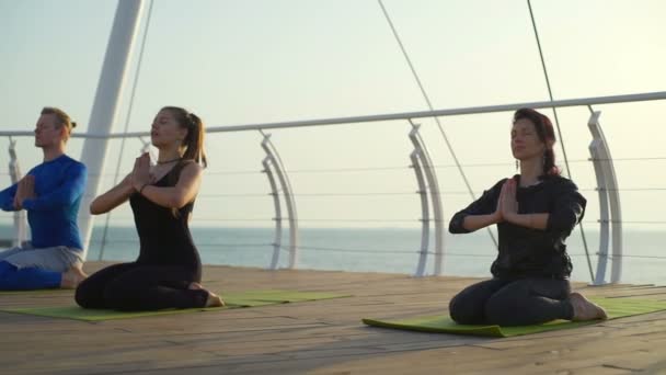 Três pessoas sentadas no cais de madeira meditando câmera lenta — Vídeo de Stock