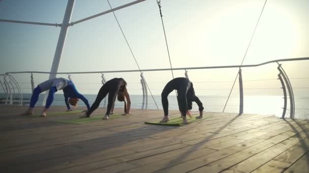 Mensen die een brug op het groene tapijt op de houten pier slow motion — Stockvideo