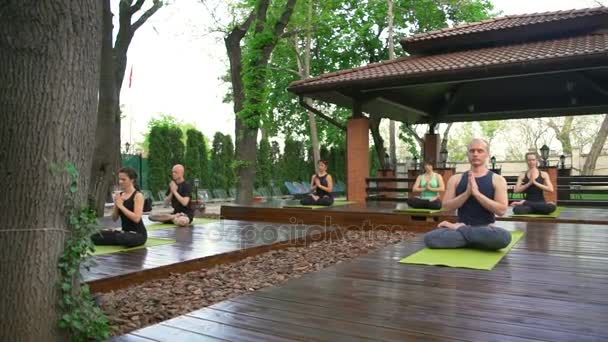 Группа людей, сидящих в лотосе, медитирует медленным движением — стоковое видео
