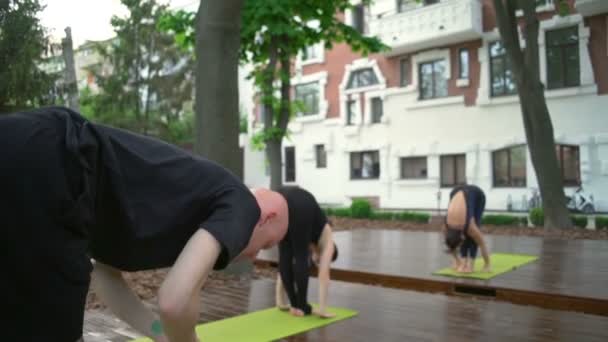 Grupp av människor som står i den utökade sida vinkel position slow motion — Stockvideo