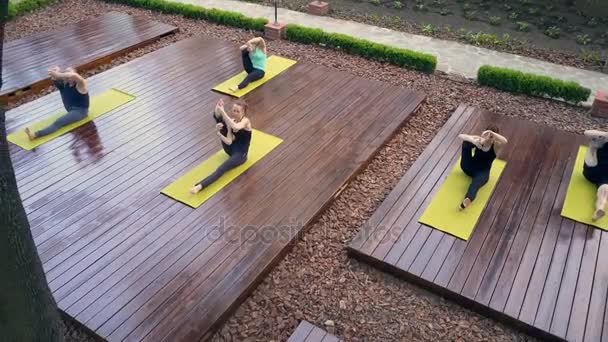 Drone beelden van een groep mensen doen een yoga-oefening — Stockvideo