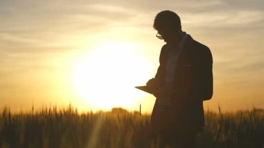 Tablet Pc ile mutlu işadamı sunsetslow hareket alanında sevindiler