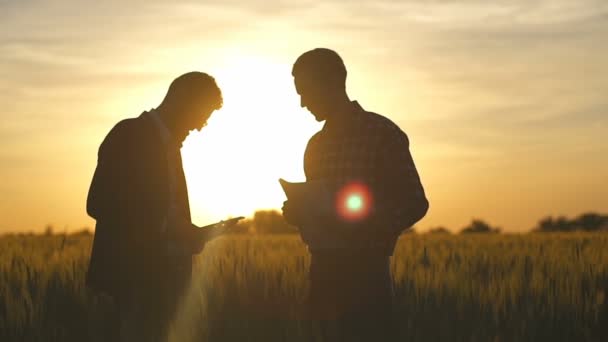 Businessman holding tablet pc stand with farmer holding papers slow motion — Stock Video