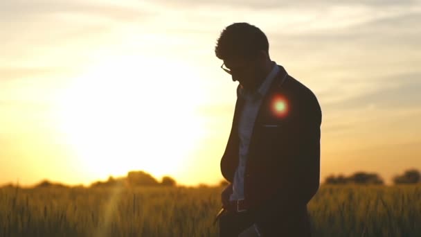 Podnikatel v obleku a brýle přijme volání při západu slunce v poli zpomalené — Stock video