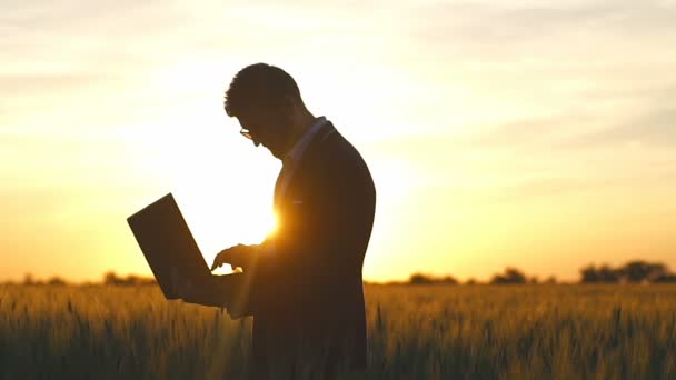 Empresario trabajando en el ordenador portátil en el campo puesta del sol cámara lenta — Vídeos de Stock