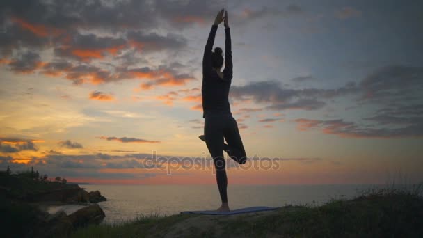 평화로운 여자 연습 요가 포즈 명상 일광 해안 uttanasana 슬로우 모션 — 비디오