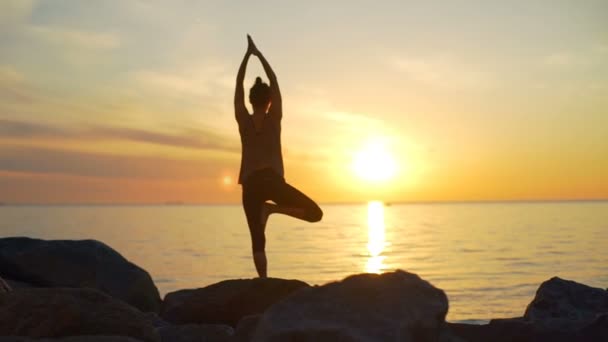 Sağlıklı genç güzel kadın Yoga asanas okyanus kıyısı gündoğumu ağır çekim yapıyor — Stok video