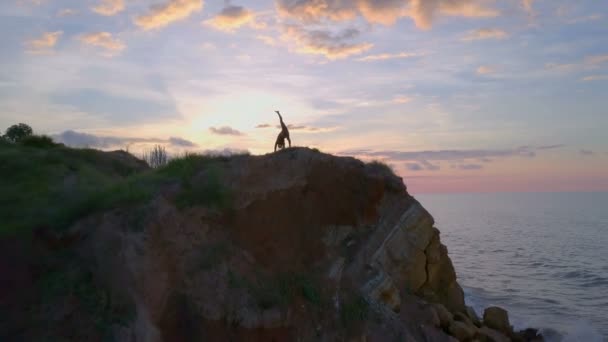 Tranquillo salute ragazza pratica yoga meditare alba costa namaste drone filmati — Video Stock