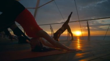 Siluet grup kadınlar aşağı doğru köpek asanas yoga sınıf deniz şafak ağır çekim yapar.