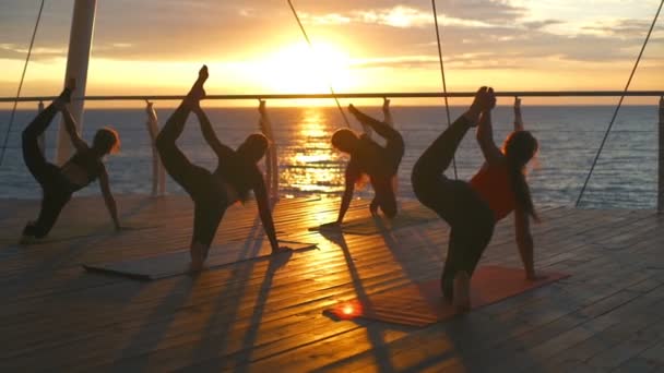 Silhouette group women Chakravakasana asanas yoga class beach dawn slow motion — Stock Video