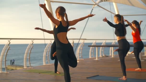 Yoga klasse groep meisje praktijk yoga Vrksasana boom vormen zonsondergang zee Slowmotion — Stockvideo