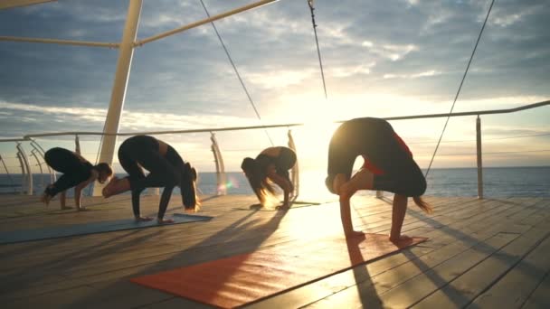 Yoga sınıfı grup kadın pratik yoga vinç poz günbatımı sahil ağır çekim — Stok video