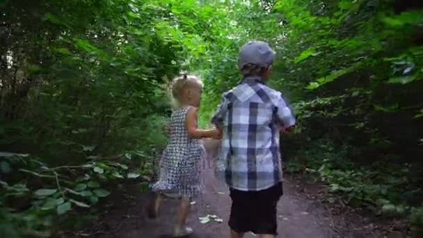 小さなカップル少年と女の子手を日当たりの良い実行している急速なスローモーションの公園します。 — ストック動画