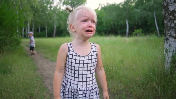 Kis gyönyörű szőke lány sír marad a zöld fű napos park gyors-lassú mozgás — Stock videók