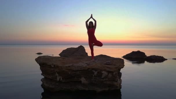 Mladá dívka silueta udělat jóga Vrikshasana představuje na letecké záběry hukot moře — Stock video