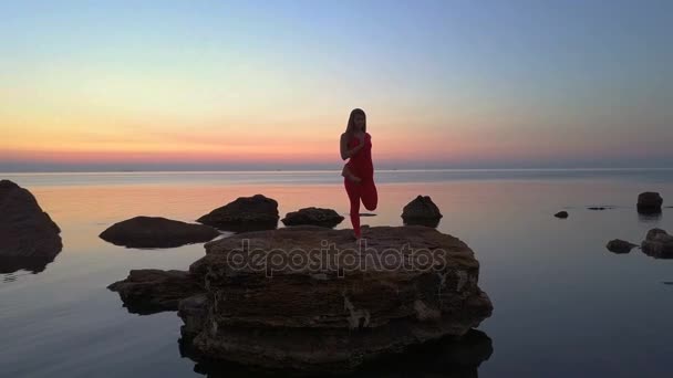 Jovem mulher silhueta fazer ioga pose no mar recife pôr do sol drone filmagem aérea — Vídeo de Stock