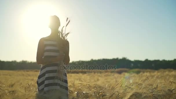 Vestido listrado menina sorridente feliz com monte de sol campo de trigo movimento lento rápido — Vídeo de Stock