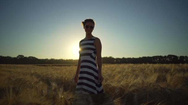 Молодая улыбающаяся девушка в полоску платье остаться пшеничное поле солнце быстрое замедленное движение — стоковое видео
