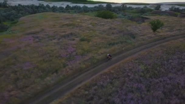 Joven ciclista aéreo pedaleando a través del valle desierto amanecer drone metraje — Vídeos de Stock