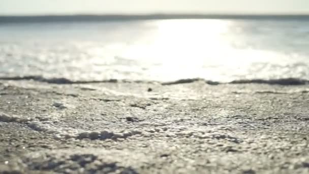 Закрыть пляж с морской пеной на берегу моря на восходе солнца — стоковое видео