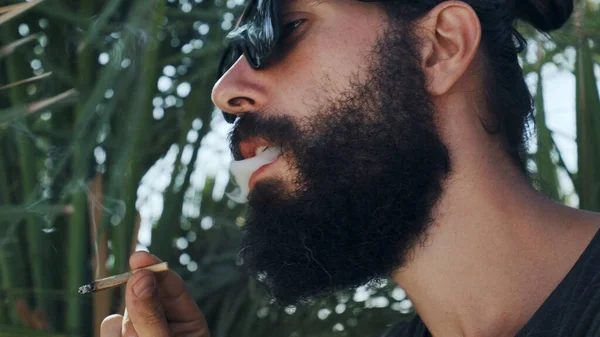 Güneş gözlüklü sakallı adam, arka planda palmiye yapraklarından ot içiyor.