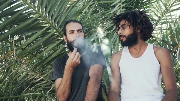 Çok kültürlü arkadaşlar arka planda palmiye yapraklarının üzerinde ot tüttürüyorlar.