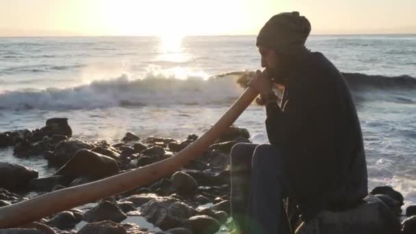 Mann spielt auf austaralischem Didjireedoo-Insturment bei Sonnenschein am Strand — Stockvideo