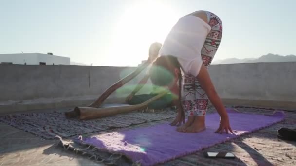 Jenteøving som står frem, bøy yoga positur mens mannen spiller didgeridoo – stockvideo