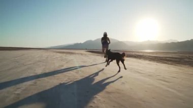 Formda dişi, gün doğumunda komik köpeğiyle çölde ağır çekimde koşar.