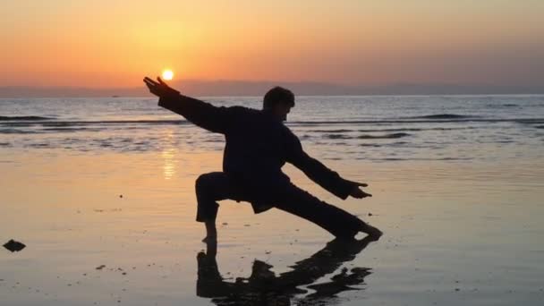 Silhouette dell'uomo che pratica esercizi energetici al tramonto in riva al mare — Video Stock